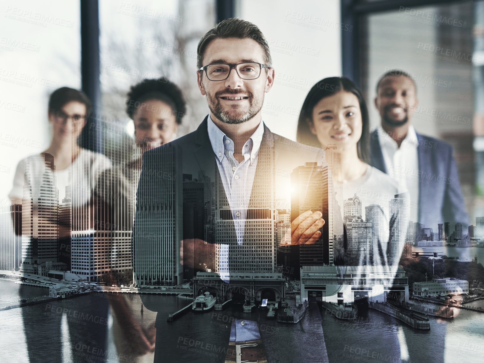 Buy stock photo Cropped portrait of a group of businesspeople standing with their arms crossed in the office