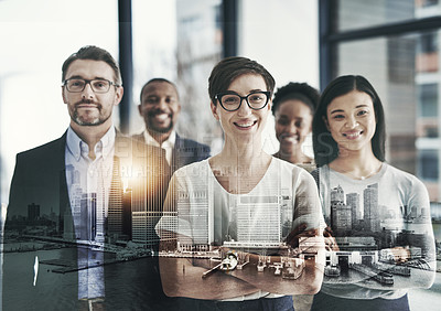 Buy stock photo Double exposure, city and woman as leader with arms crossed at office on teamwork, collaboration and about us. People, employee and boss with smile on portrait as property developer and diversity