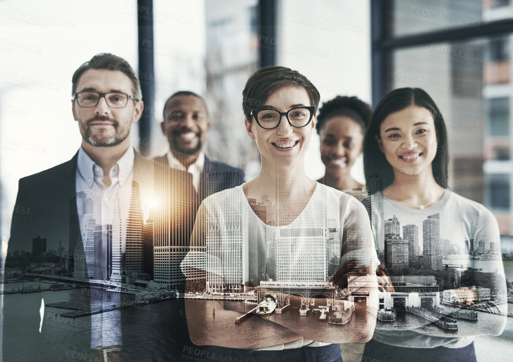 Buy stock photo Double exposure, city and woman as leader with arms crossed at office on teamwork, collaboration and about us. People, employee and boss with smile on portrait as property developer and diversity