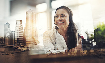 Buy stock photo City, call center agent and woman with headset, double exposure and smile is office for telemarketing. Consultant, service and crm for helpline or support, female person and employee in New York