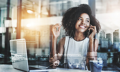 Buy stock photo Phone call, black woman and city for communication, laptop and office with double exposure of town. Skyscraper, smile or female person for conversation on cellphone, receptionist or planning schedule