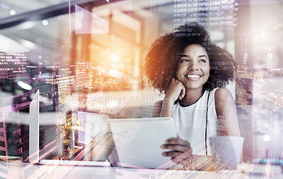 Buy stock photo Double exposure, black woman and happy in office with tablet for online research, email and communication as hr manager. Female person, employee and thinking with smile, future and growth in business