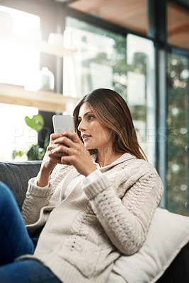 Buy stock photo Thinking, woman and phone to relax on sofa in house with decision for conversation response or announcement by post. Doubt, female person and living room with mobile on internet for memory on website