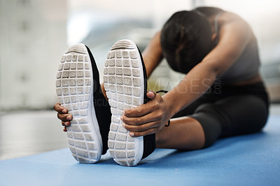 Buy stock photo Yoga, woman and stretching legs on mat for fitness, hobby and workout before exercise at home. Female athlete, pilates and training for health, wellness and flexibility with endurance in sports