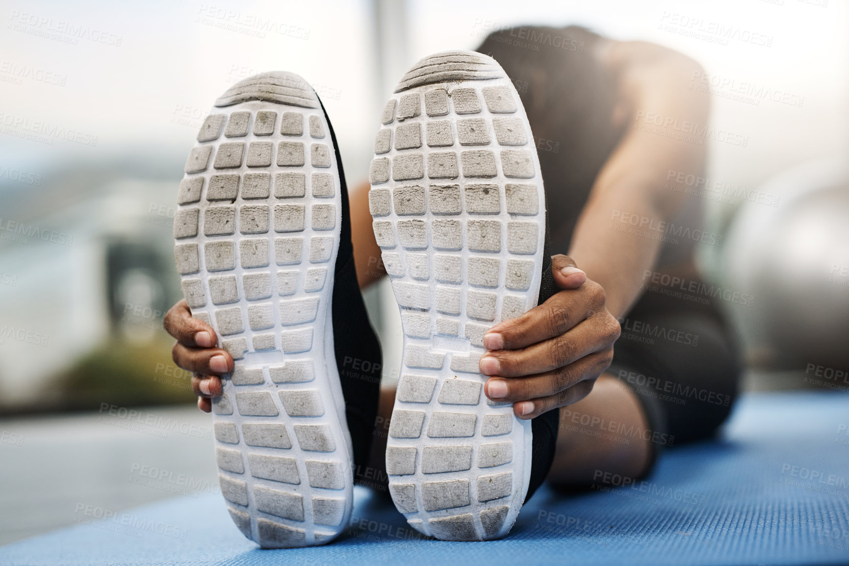 Buy stock photo Yoga, girl and stretching legs on mat with endurance for fitness, hobby and workout or exercise at home. Female athlete, pilates and training for health, wellness and flexibility with sports