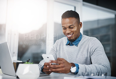 Buy stock photo Business, smile and man with a smartphone, mobile app or connection at the workplace. Male professional, consultant or employee with a cellphone, communication or entrepreneur with social media