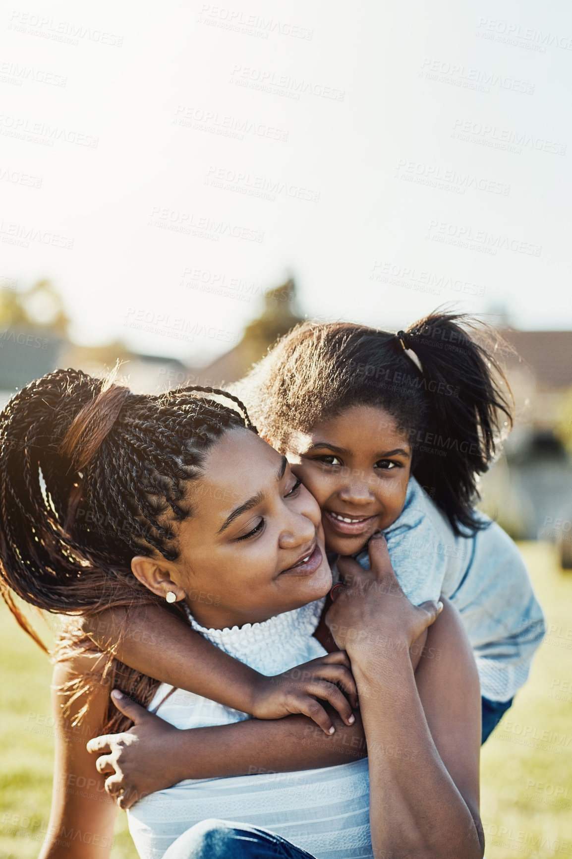 Buy stock photo Park, portrait and piggyback with girl and mother outdoor together with family, nature and bonding in summer. Mom, daughter and love with happy woman and child outside with airplane play for fun