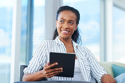 Buy stock photo Thinking, girl and tablet on couch in home with happiness, digital and communication as IT student. Female person, technology and positive for online education, e learning and communication for study