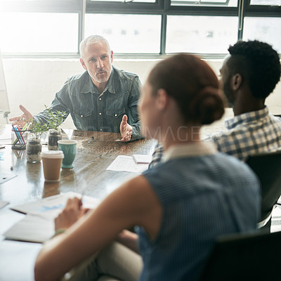 Buy stock photo Corporate training, staff and employees in a meeting, planning and communication for profit growth. Business people, group and leader in an office, brainstorming and share ideas for startup success