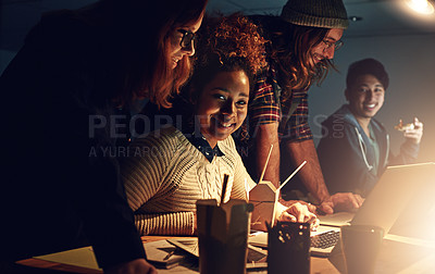 Buy stock photo College collaboration portrait, laptop and team reading web search for IT research, campus database or university project. Education learning, night school study or African student teamwork on report