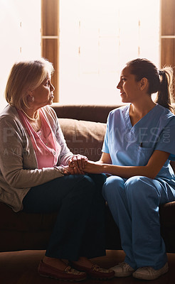 Buy stock photo Nurse, senior woman and holding hands for empathy, comfort and compassion with kindness. Caregiver, pensioner and patient with consultation, home or support with trust, wellness or healthcare advice