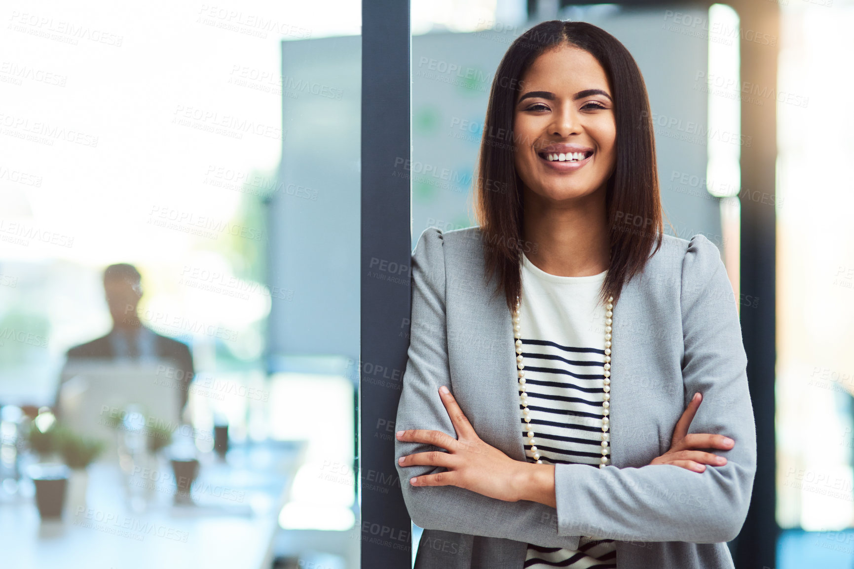 Buy stock photo Crossed arms, office and portrait of professional woman with confidence, ambition and company pride. Corporate, business and happy worker in door frame for career, job growth and meeting in workplace