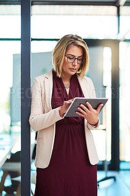 Buy stock photo Office, reading and woman with tablet, online schedule or networking email at professional agency. Scroll, search and businesswoman on digital app for business agenda, planning or web communication