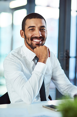 Buy stock photo Happy businessman, portrait and professional analyst with confidence for career or job opportunity at office. Young man or employee with smile for startup enterprise or corporate growth at workplace