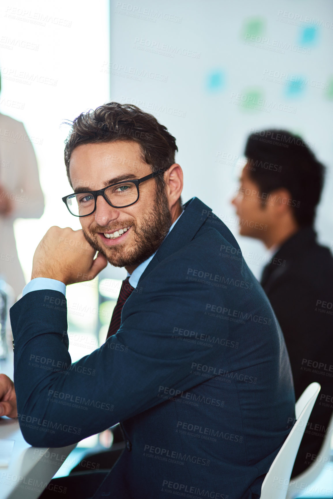 Buy stock photo Meeting, smile and portrait of businessman in office for company, management or project planning. Corporate attorney, happy and face with confidence at law firm for legal case, briefing or consulting