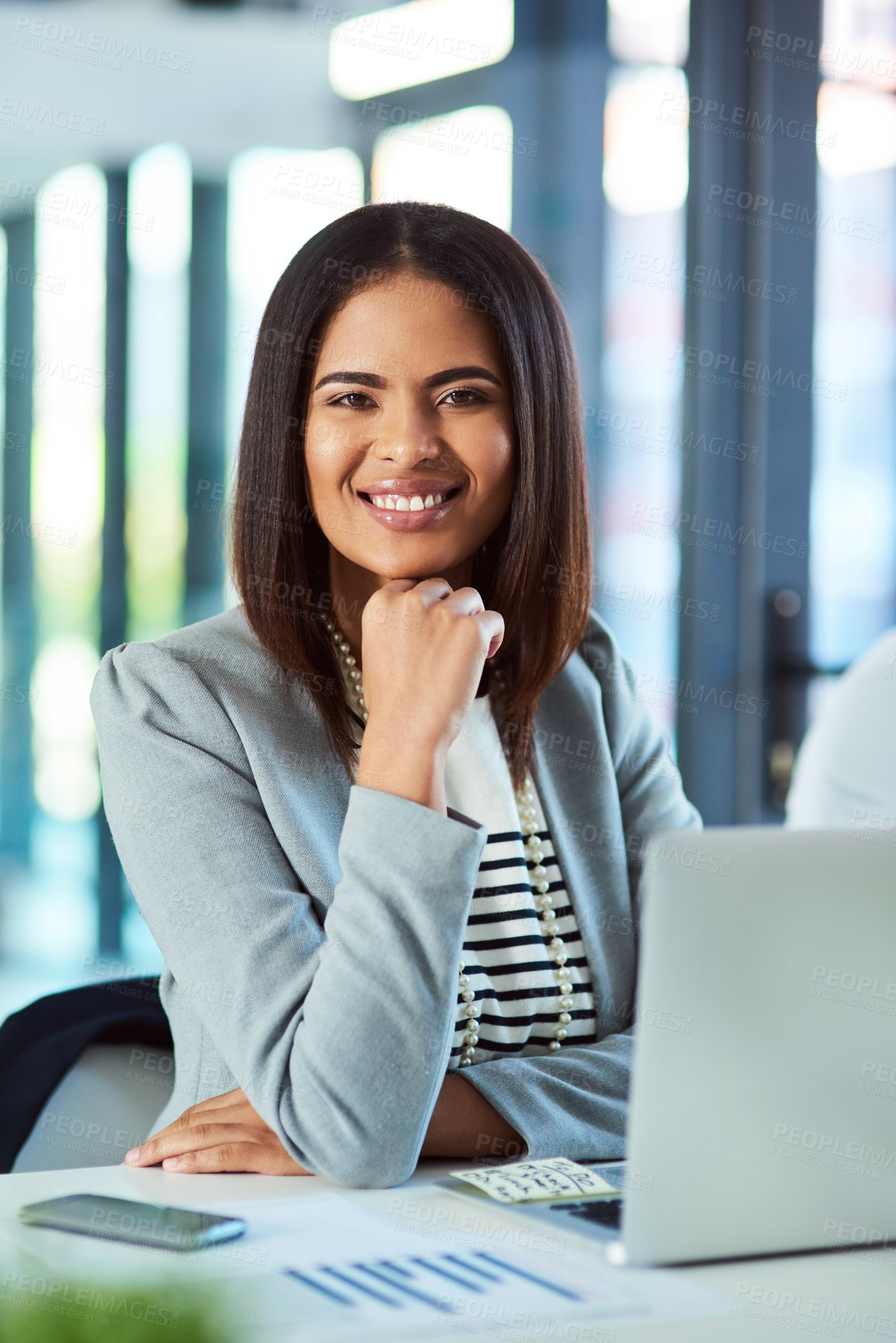 Buy stock photo Black woman, portrait and laptop for finance broker in office, budget report and statistics. Female person, accountant and website for managing company expenses online, paperwork and investment