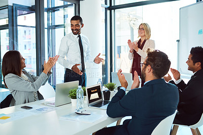 Buy stock photo Professionals, applause and presentation for teaching and meeting for the company and employee. Business, people and leadership are clapping during training for success in a workshop at the office.