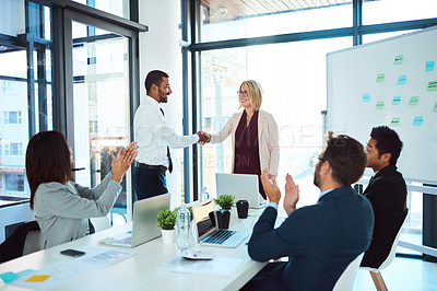 Buy stock photo Congratulations, handshake and professional with support at a meeting for teamwork and collaboration at a company. Business people, applause and presentation with success for agreement in office.