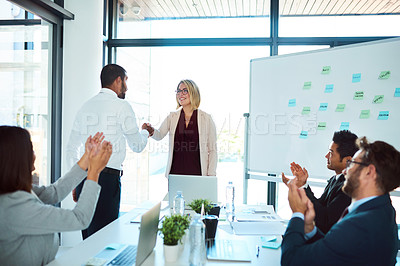 Buy stock photo Professional, handshake and agreement in a meeting to congratulate for success and an opportunity. Presentation, applause and business people with collaboration for partnership with teamwork.