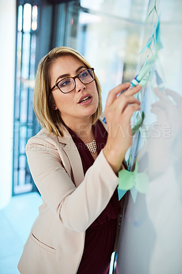 Buy stock photo Presentation, notes and woman at whiteboard in office for agenda, workshop or business objectives. Planning, writing and project manager at moodboard with ideas for pitch, proposal or development