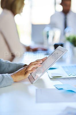 Buy stock photo Business person, hands and meeting with tablet for minutes, schedule or agenda on tasks or procedures at office. Closeup of employee taking notes on technology for planning or reminder at workplace