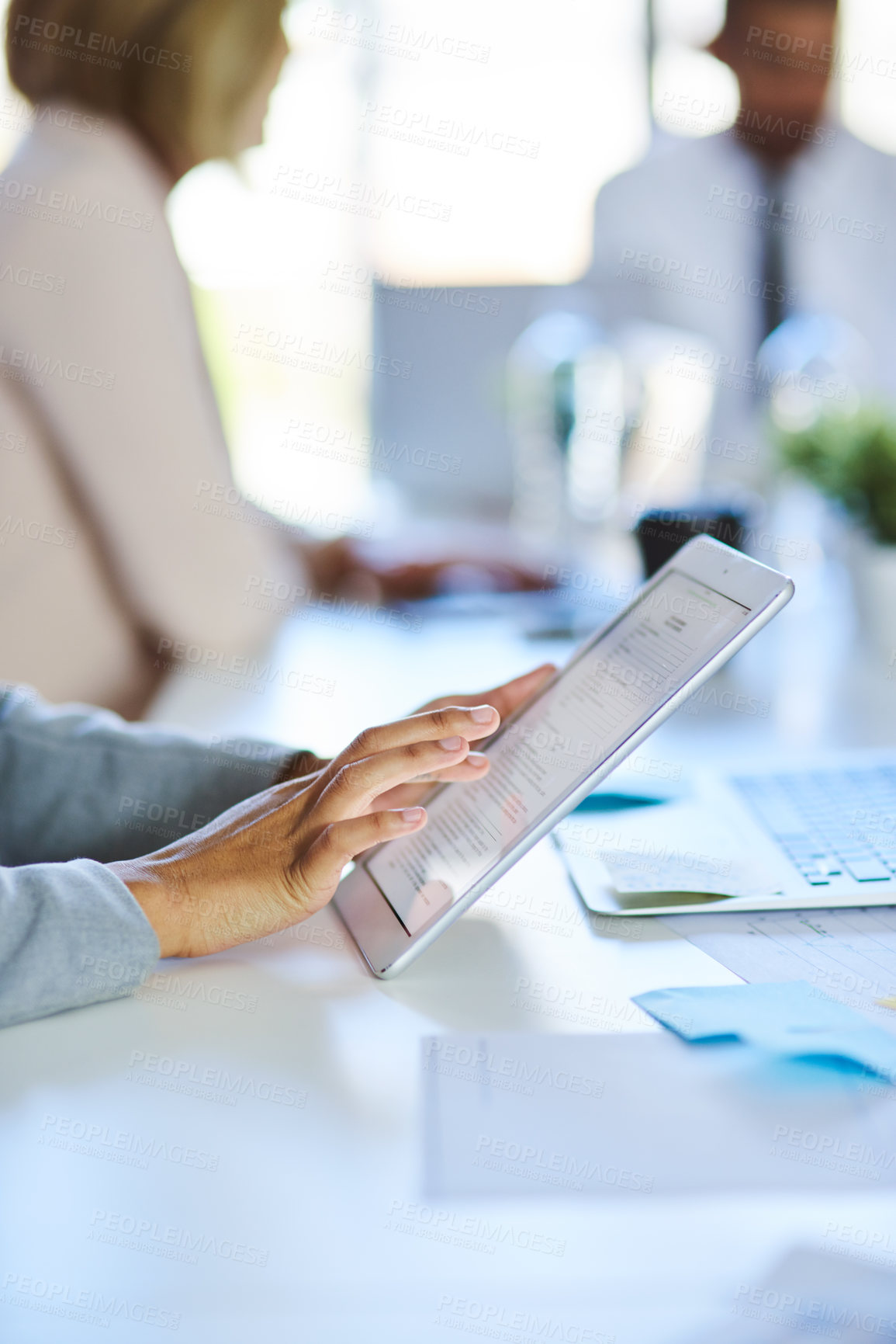 Buy stock photo Business person, hands and meeting with tablet for minutes, schedule or agenda on tasks or procedures at office. Closeup of employee taking notes on technology for planning or reminder at workplace