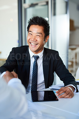 Buy stock photo Cropped shot of corporate businesspeople shaking hands in the workplace