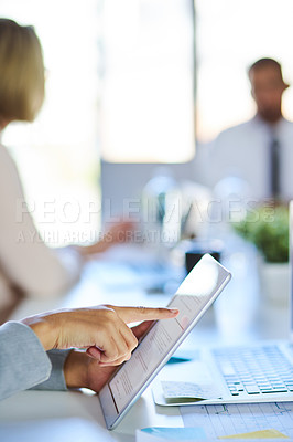 Buy stock photo Business person, hands and meeting with tablet for research, reading or online browsing at office. Closeup of employee checking data, information or digital contract for company policy at workplace