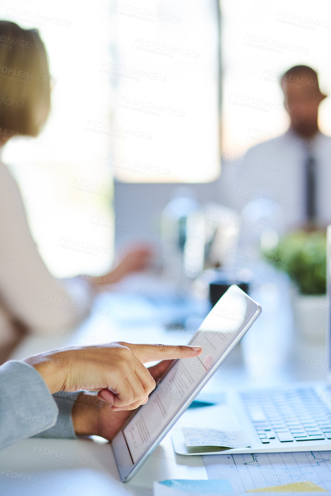 Buy stock photo Business person, hands and meeting with tablet for research, reading or online browsing at office. Closeup of employee checking data, information or digital contract for company policy at workplace