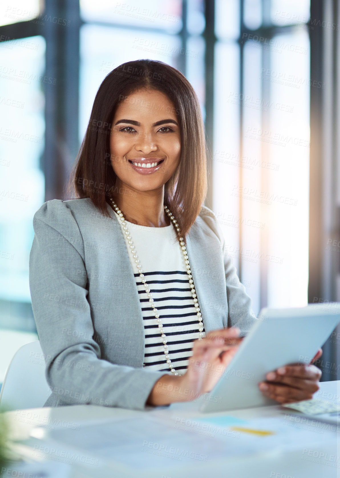 Buy stock photo Black woman, portrait and tablet for finance in office, budget report and email feedback. Female person, accountant and website for managing company expenses online, paperwork and investment plan