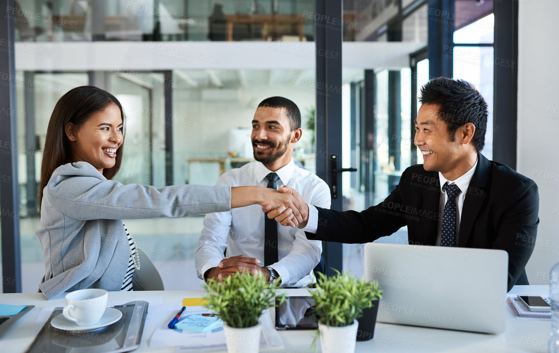 Buy stock photo Business people, opportunity and meeting with handshake for interview in office, welcome to team with manager. Men, woman and inclusion in workplace with success or shaking hands, hr deal with smile