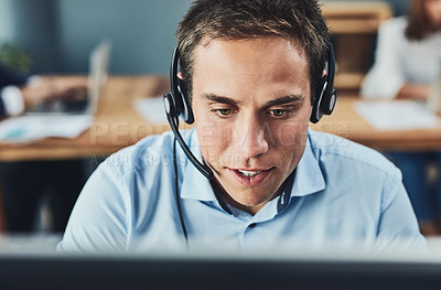 Buy stock photo Businessman, call center and consulting with headphones on computer in customer service, support or telemarketing at office. Man consultant agent talking on PC for online advice or help in contact us