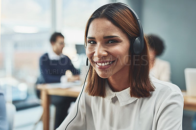 Buy stock photo Customer service, IT support or call center agent helping and assisting on a call using a headset. Portrait of a young female sales assistant or secretary smiling while working in a modern office