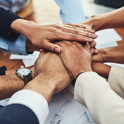 Buy stock photo Closeup of hands together, business people in meeting and solidarity, support and team huddle with collaboration. Group of employees working, teamwork and mission with hand stack over paperwork