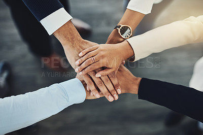 Buy stock photo Hands together, business people and solidarity with top view, support and team huddle with collaboration. Group of employees working in office, teamwork and mission with workforce and hand stack