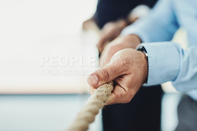 Buy stock photo Hand, rope and business people, tug of war and team building, collaboration with competition and mockup space. Corporate conflict resolution, challenge and teamwork with employees in workplace