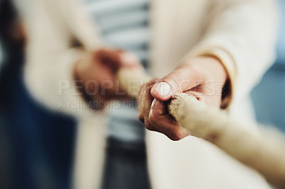 Buy stock photo Teamwork, hands and tug and war while joining forces and pulling a rope for battle against competitors. Closeup of strong businessperson fighting for power, leadership and equality rights
