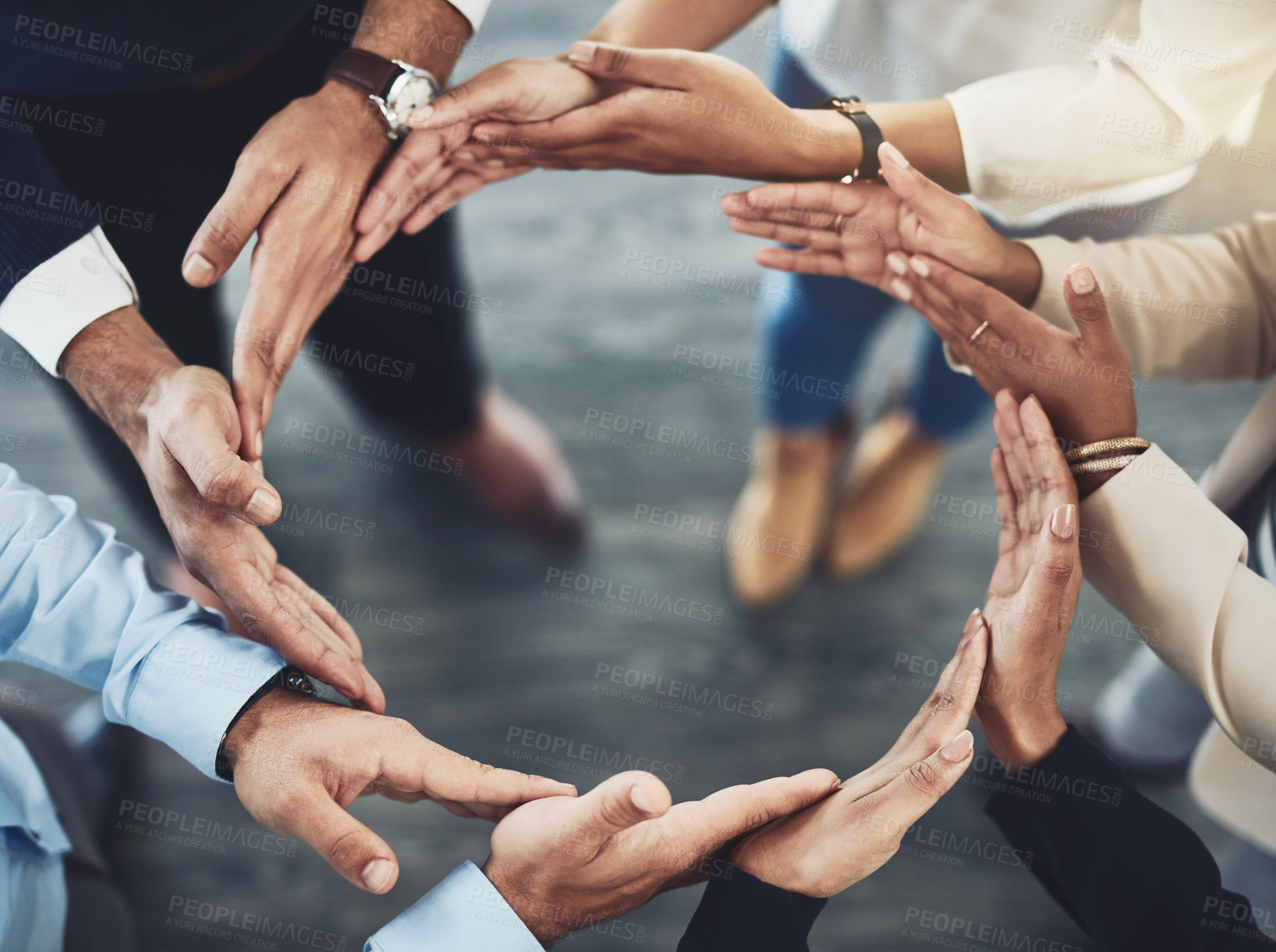 Buy stock photo Collaboration, diversity and business people with their hands together in a circle for unity. Teamwork, friends and top view of multiracial employees with connection for team building in the office.