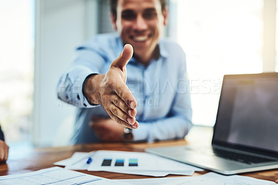 Buy stock photo Businessman, handshake and meeting for partnership, b2b or deal agreement at the office. Man employee shaking hands for greeting, welcome or hiring in recruitment for business growth at the workplace