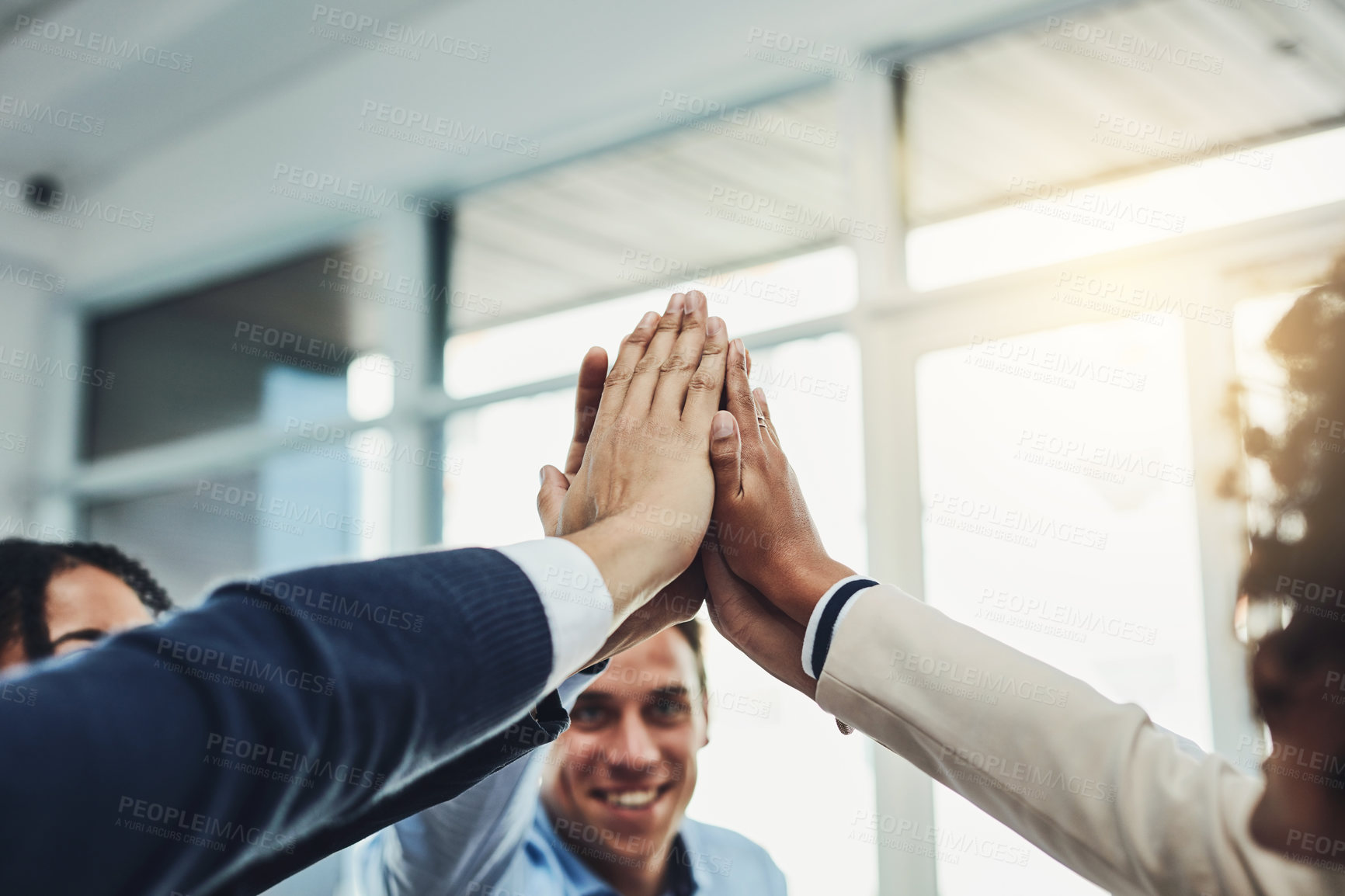 Buy stock photo Hands together, high five and team, business people with support and achievement, deal and success in collaboration. Group of employee, winning in meeting and teamwork with community and mission