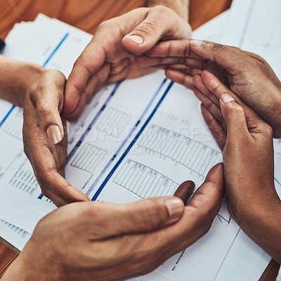 Buy stock photo Hands form a circle together for teamwork, community and collaboration of business team. Above view of workers showing a trust and unity hand gesture. Office support of group of colleagues