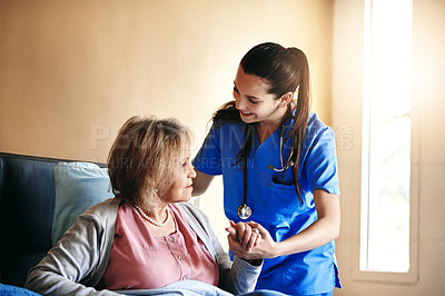 Buy stock photo Elderly person, nurse and support in bed at nursing home for medical or healthcare with love. Senior woman, caregiver and help at retirement facility for empathy, wellness and care with kindness