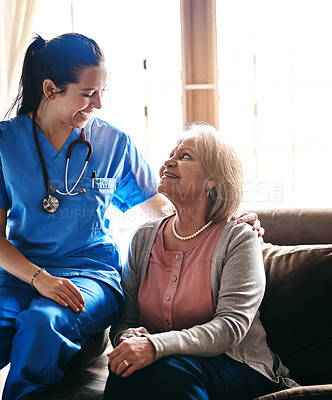 Buy stock photo Senior woman, nurse and support with empathy at nursing home for medical, healthcare and love. Elderly person, caregiver and help at retirement facility for advice, wellness and care with kindness