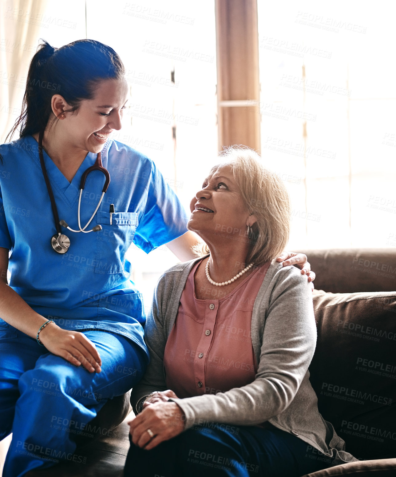 Buy stock photo Senior woman, nurse and support with empathy at nursing home for medical, healthcare and love. Elderly person, caregiver and help at retirement facility for advice, wellness and care with kindness