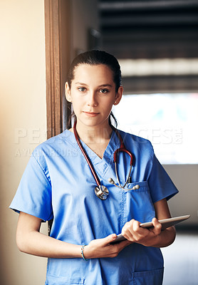 Buy stock photo Portrait, nurse and woman with tablet in clinic for research, telehealth and healthcare. Face, medical surgeon and doctor on digital technology for hospital service, results or online report in Spain