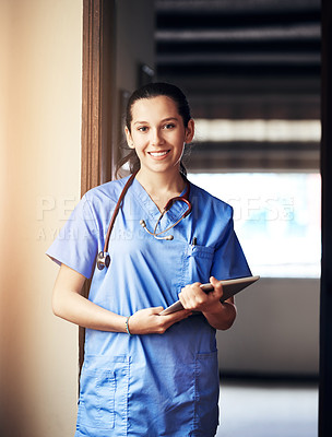Buy stock photo Portrait, nurse and happy woman with tablet in clinic for research, telehealth and healthcare. Face, medical surgeon and digital technology for hospital service, results and online report in Spain