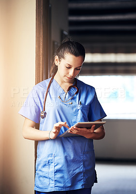Buy stock photo Research, surgeon and woman with tablet for telehealth, reading email or healthcare report in clinic. Scroll, medical nurse and digital technology for hospital service, results and information online
