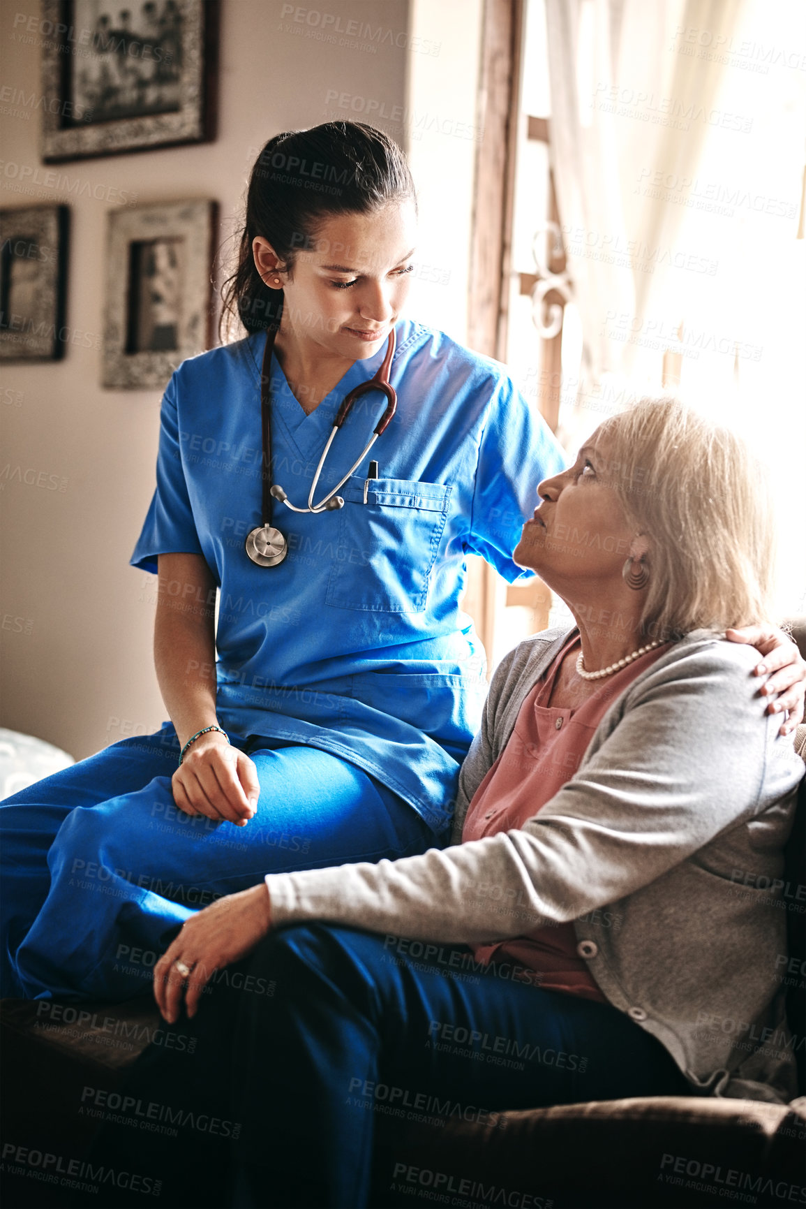 Buy stock photo Senior woman, nurse and support with kindness at nursing home for medical, healthcare and love. Elderly person, caregiver and help at retirement facility for empathy, wellness and care with advice