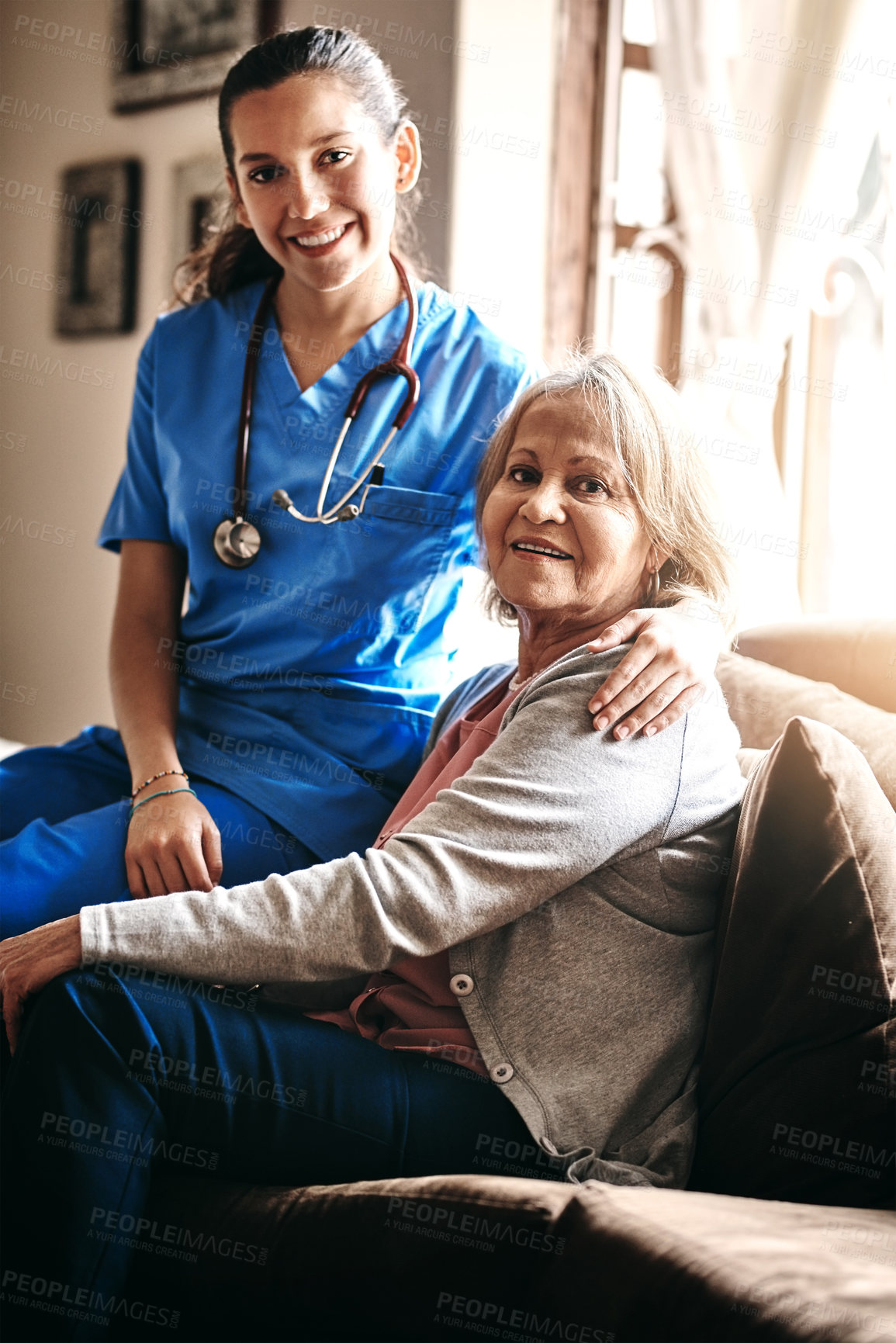 Buy stock photo Shot of a female nurse and a senior woman in a retirement home