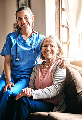 Buy stock photo Medical, smile and portrait with nurse and old woman for caregiver, occupational therapy and patient. Helping others, volunteer and healthcare consultant with people in retirement home for medicine